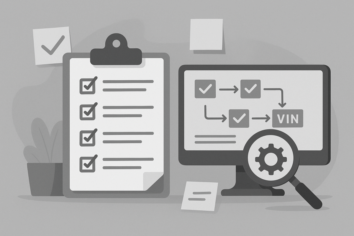 Checklist on clipboard and monitor with simple flow diagram; magnifying glass over gear for validation and quality control (e.g., VIN).