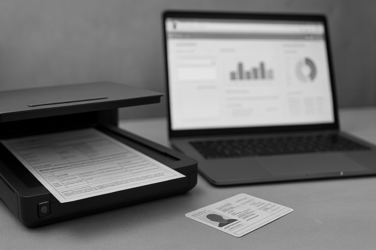 Open flatbed scanner with vehicle document, laptop with CRM dashboard, and ID card — capturing documents in Salesforce.