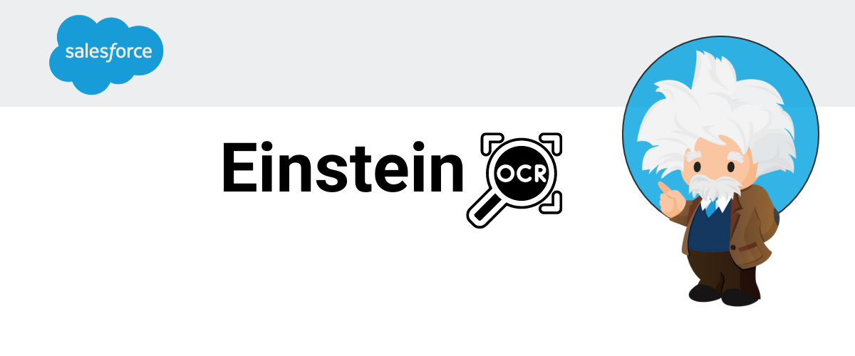 Auf der linken Seite ist das Salesforce-Logo zu sehen und auf der rechten Seite das bekannte Einstein-Logo von Salesforce. In der Mitte ist die Überschrift „Einstein OCR“ zu lesen.